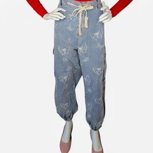 NWOT POL Rita Butterfly Denim Joggers Large Balletcore Spring 2026